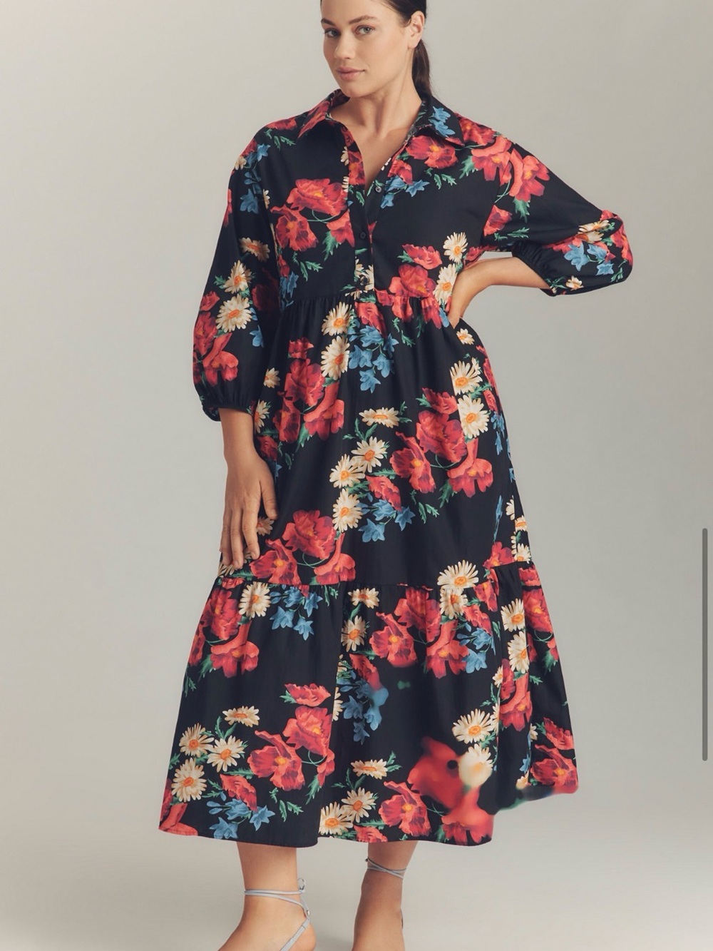 Anthropologie Maeve Bettina Tiered Shirt Dress in Black Floral - Size Small - Picture 5 of 6